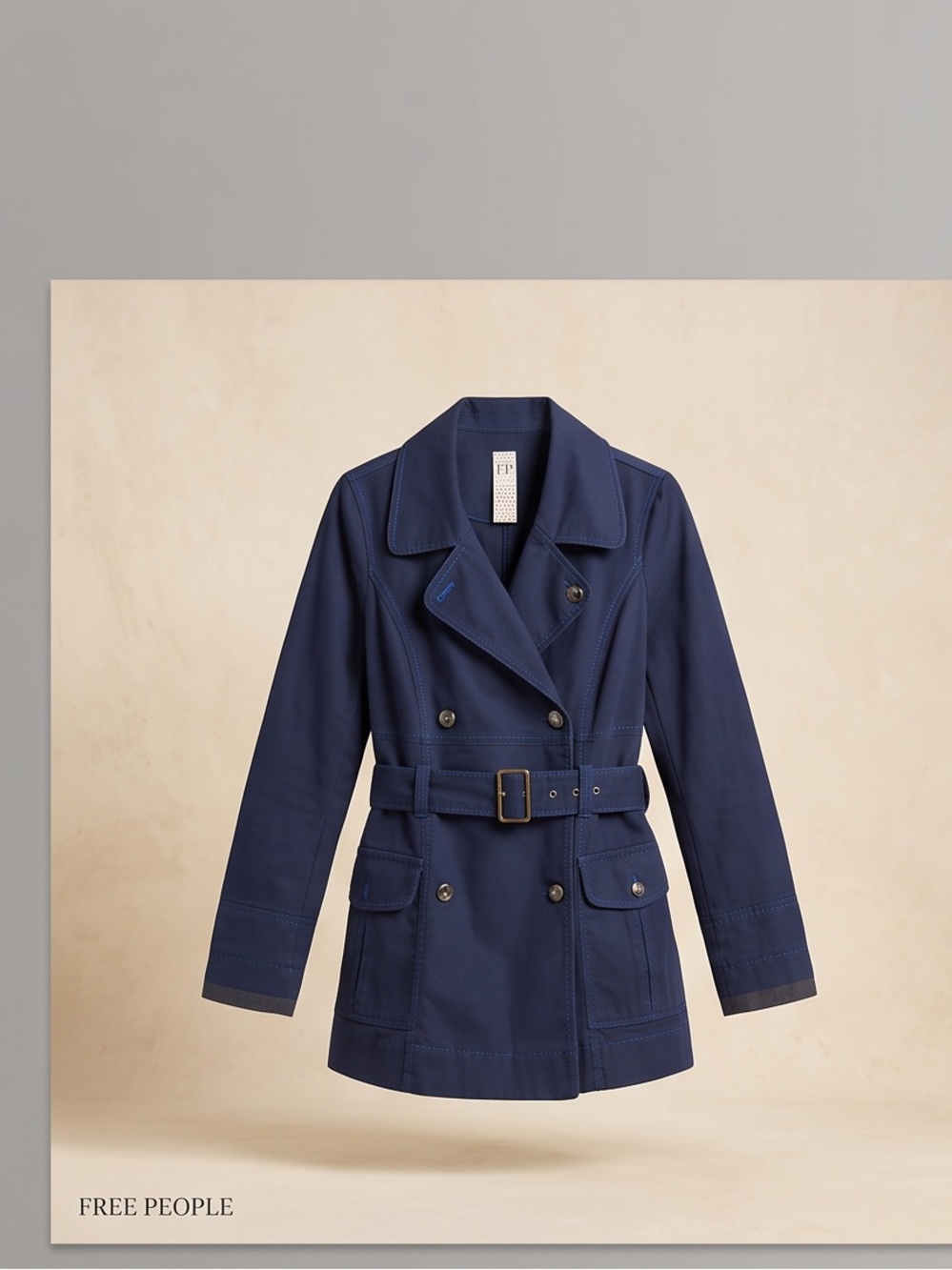 Free People Navy Double-Breasted Belted Trench
